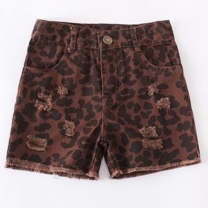 Girls distressed leopard print shorts